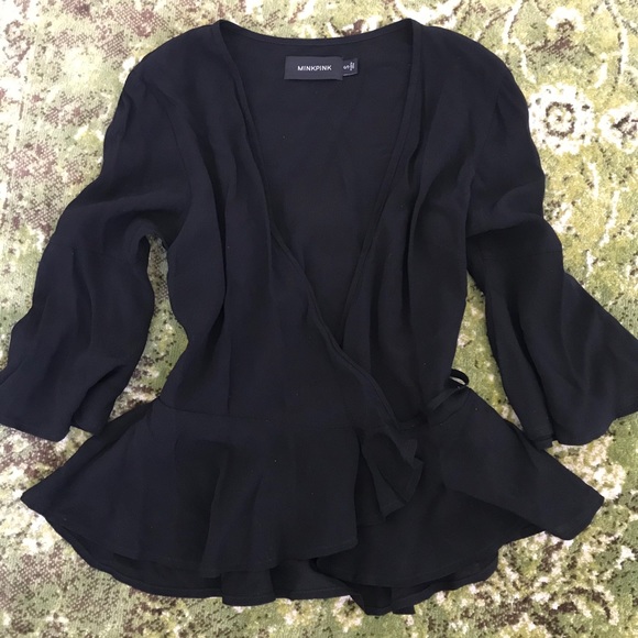 MINKPINK Tops - MINKPINK black peplum wrap blouse, S
